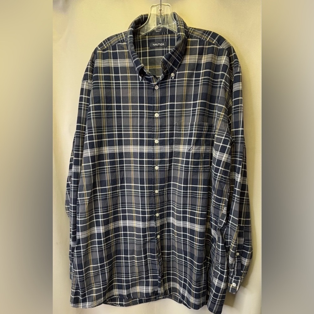 Nautica Men’s Shirt XXLT Button Down Plaid Long Sleeve Blue/White/Grey/Yellow
